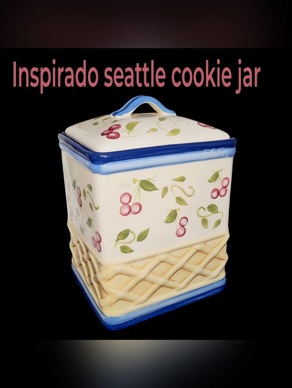 Vintage Insprado Hand Painted Ceramic Cherry Pattern Cookie Jar